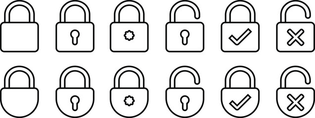 Security lock icons in line set. safety lock, cyber defense. Vector for apps or website collection of Locked and unlocked security symbol Padlock Privacy. isolated on transparent background.