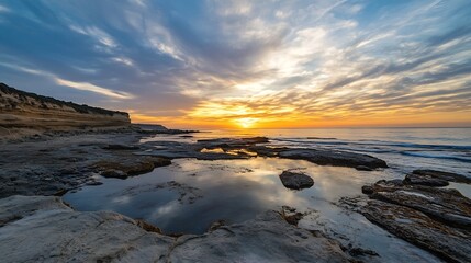 Scenic Coastal Sunrise with Rocky Shoreline and Colorful Sky Reflections : Generative AI