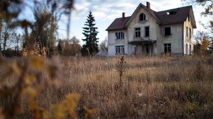 Abandoned Historic House in Overgrown Field Creating an Eerie and Mysterious Atmosphere : Generative AI