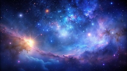 Naklejka premium Cosmic night sky with stars shining brightly in deep blue and purple hues, set against a vast dark canvas, with galaxies and nebulas visible in the distance , night sky, stars