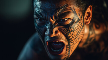 A close-up of a performer’s tattooed face, their expression fierce and focused as they lead a haka, soft lighting from the side highlighting the moko
