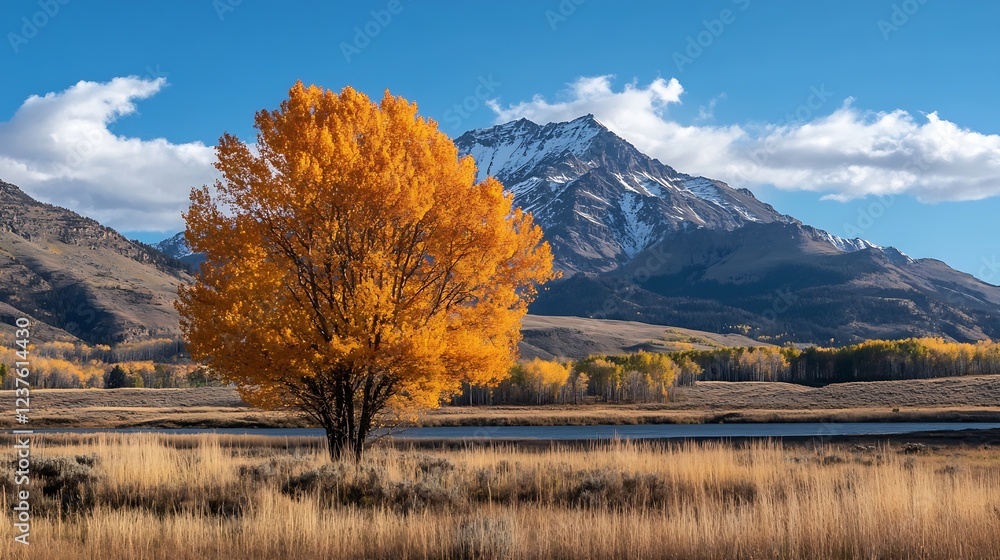 Poster vibrant autumn tree with majestic mountain backdrop in serene landscape : generative ai