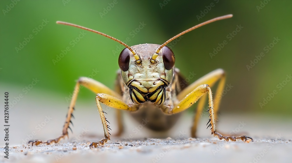 Poster Closeup of a grasshopper staring directly into the camera with a blurred green background : Generative AI