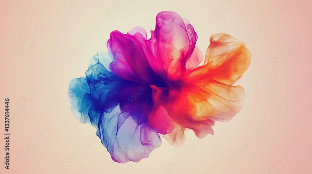 Poster abstract colorful fluid art with translucent flowing shapes on pastel background
