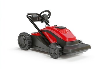 Fototapeta premium Red electric lawnmower, studio shot, white background, gardening