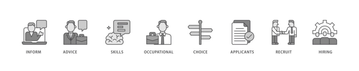 Job fair icon set flow process which consists of the information, advice, skills, occupational, applicants, recruit, and hiring icon live stroke and easy to edit .