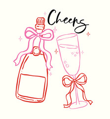 Whimsical Hand Drawn Champagne Bottle and Flute Glass with Bow Retro Style