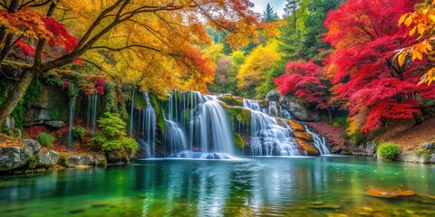 Vibrant autumn foliage surrounds a serene waterfall as golden leaves and crimson branches cascade into crystal clear waters amidst lush greenery, seasonal change, water feature