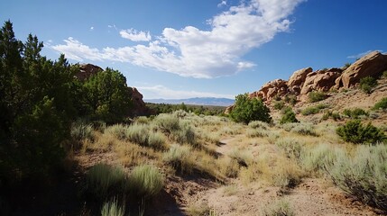 Arid Desert Landscape and Sagebrush Under Bright Blue Sky : Generative AI