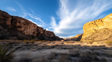 Fototapeta premium Vast Desert Landscape with Tall Cliffs and Expansive Clear Blue Sky : Generative AI