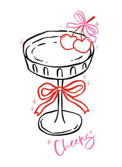 Whimsical Martini Glass with Bow and cherries Heart Outline Hand Drawn Groovy Retro Playful