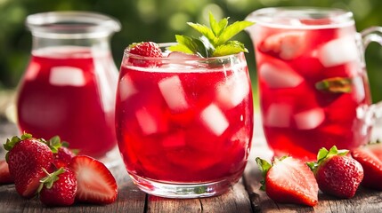 Natural strawberry red cocktail garnished with fresh mint and ice perfect for refreshing summer drinks : Generative AI