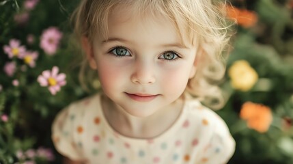 Charming Little Girl in Floral Garden with Innocent Smile and Captivating Eyes : Generative AI