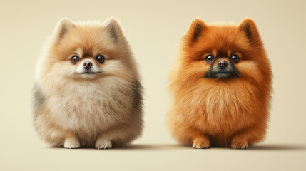 Obraz premium Adorable Pomeranian Pair, Cream and Red, Studio Portraits