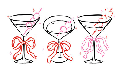 Whimsical Martini Glasses with Bow and olive Outline Hand Drawn Groovy Retro Playful Style set