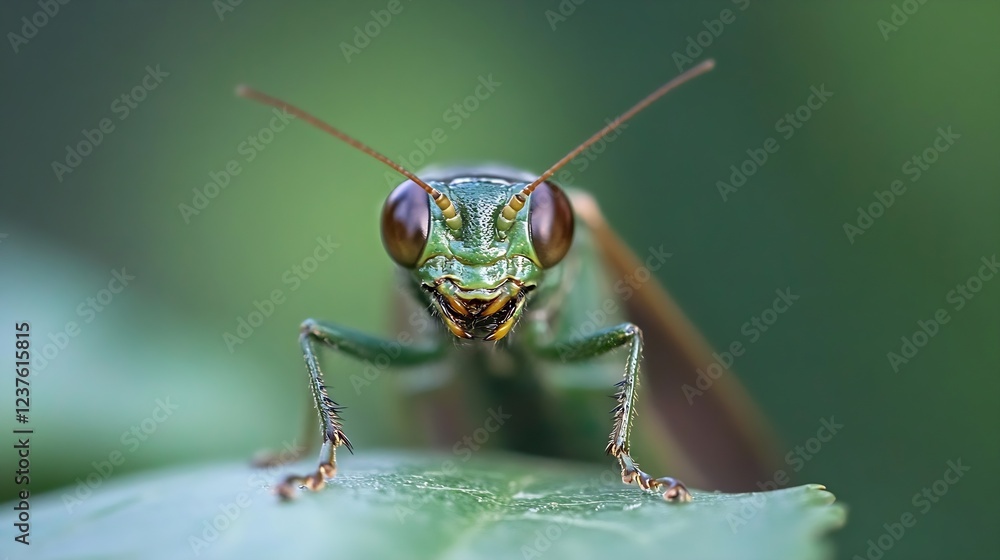 Poster closeup of praying mantis on leaf showing intricate details in natural green environment : generativ
