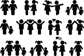 Kids or children icon in flat set. Boy and girl symbols two children simple shadow isolated on transparent background vector for apps or web Happy little children play with one another