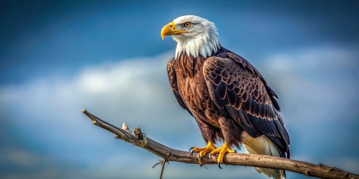 A majestic bald eagle perched on a branch, its piercing gaze directed upwards towards the right, with its wings spread wide and feathers ruffled in the wind , isolated, freedom