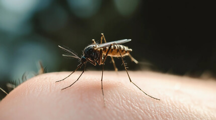 nasty insect mosquito sitting on her hand and drinks the blood of the pierced skin