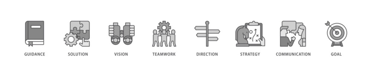 Leadership icon set flow process which consists of vision, skills, confidence, motivation, integrity, empowering icon live stroke and easy to edit .