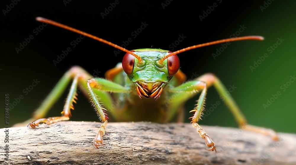 Poster Vibrant Colorful Grasshopper CloseUp On Branch with Blurred Background : Generative AI