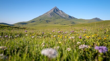Wildflowers bloom in grassy field, majestic peak background, summer landscape, travel poster