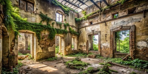 Fototapeta premium Grime and dust cover ancient stone walls in a long-abandoned building with overgrown vegetation , forgotten, crumbling