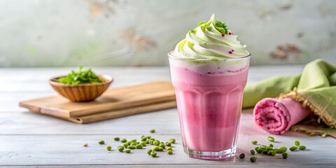 A refreshing pink-colored matcha ice latte drink garnished with a sprinkle of matcha powder and a few strands of whipped cream