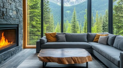 Cozy Mountain Cabin Living Room With A Fireplace And Stunning Views.  Relaxing And Serene Atmosphere.