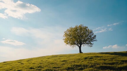 Obraz premium Lonely Tree on a Rolling Hilltop Set Against Blue Sky : Generative AI