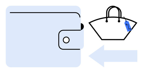 Wallet symbol and shopping bag with a price tag, left-pointing arrow. Ideal for finance, budgeting, shopping, retail, spending, consumer behavior commercial transactions. Simplistic abstract line