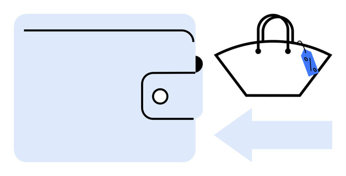 Wallet symbol and shopping bag with a price tag, left-pointing arrow. Ideal for finance, budgeting, shopping, retail, spending, consumer behavior commercial transactions. Simplistic abstract line