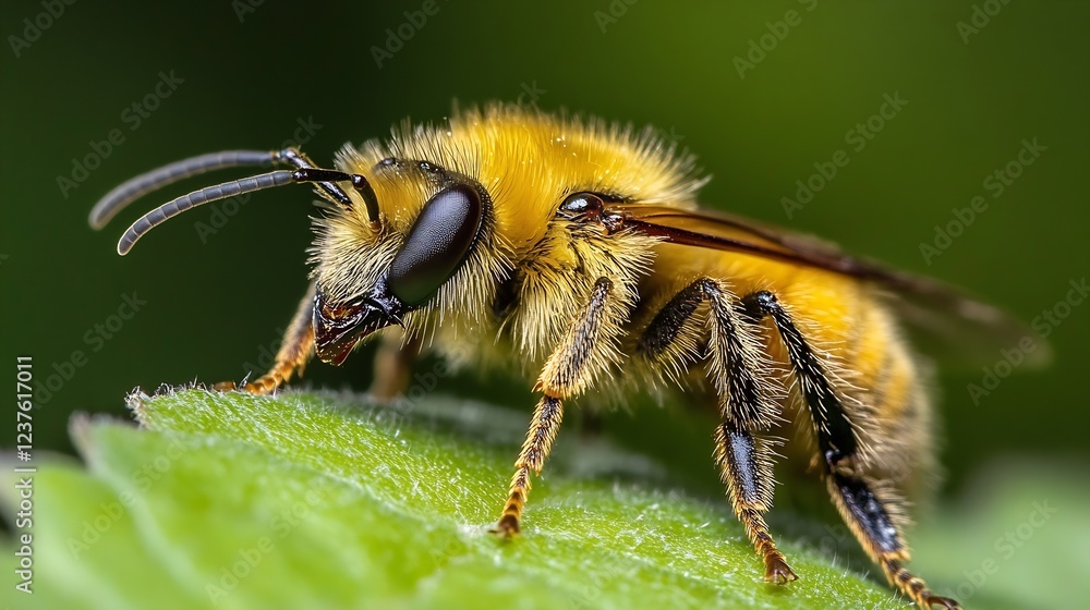 Aufkleber close up of fuzzy honey bee on leaf in natural setting : generative ai