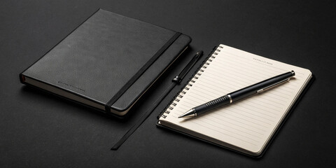 Creative Black Mock-Up Composition Featuring a Notebook and Pen on a Desk