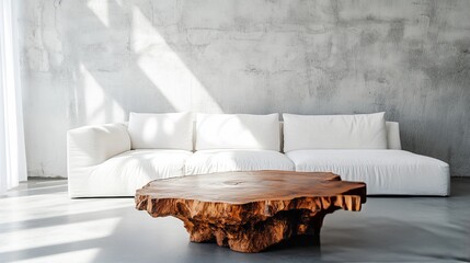 A Minimalist Living Room With A White Couch And A Unique Wooden Coffee Table. Sunlight Streams Through A Window, Creating Shadows On The Textured Wall.