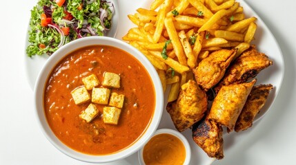 Indian lunch paneer curry, fries, rolls, salad