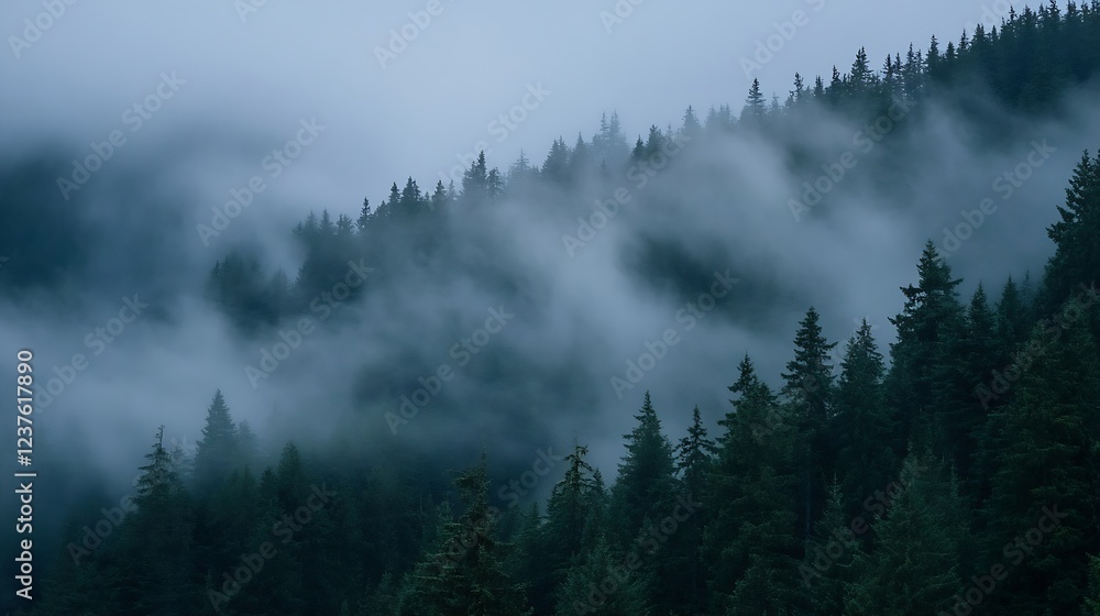 Poster misty mystery of pine forest in twilight perfect for nature and adventure enthusiasts : generative a