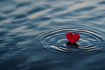 A single red love floating in the mid air above the surface of dark blue water, creating ripples that spread out like waves. 
