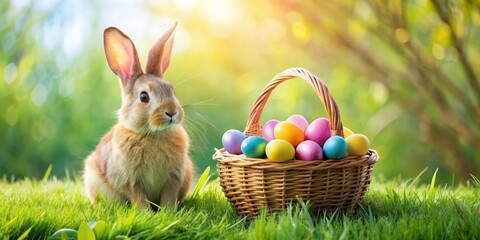 A happy Easter bunny holds a wicker basket overflowing with colorful eggs in shades of pink, blue
