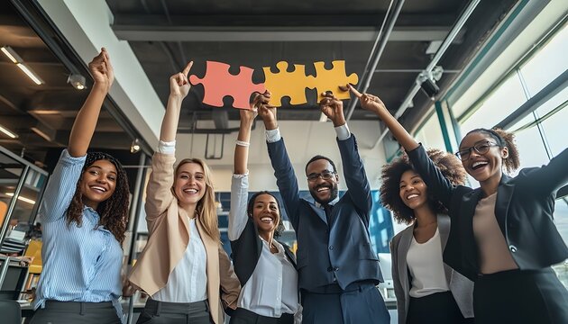 Diverse Business Team Celebrates Success With Puzzle Pieces