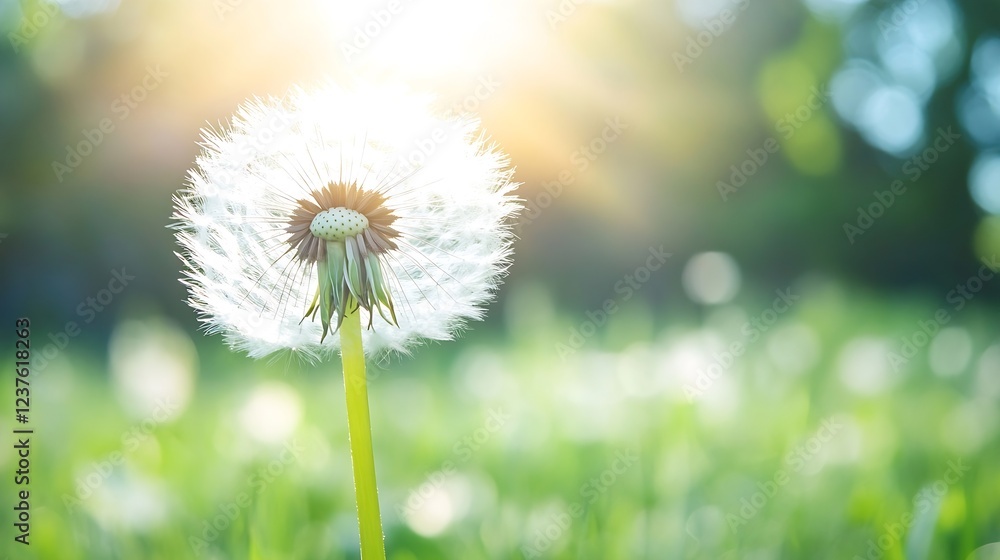 Poster Closeup of Dandelion Puffball in Sunlit Meadow with Bokeh Background : Generative AI