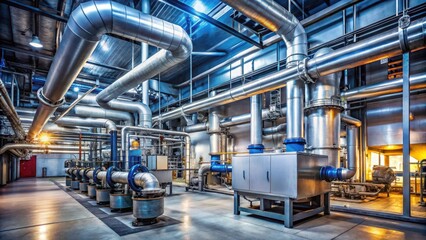 A large industrial boiler room with a gas heating system in the center, surrounded by metal pipes and ducts, with steam rising from the vents , machinery, metal pipes