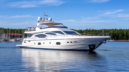 Luxury Private Yacht on Tranquil Water Surrounded by Scenic Harbor Landscape : Generative AI