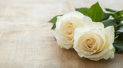 Fototapeta premium Elegant White Roses on Rustic Beige Wooden Background for Weddings and Celebrations : Generative AI