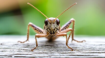 Extreme closeup of locust head showcasing detailed textures on wooden surface : Generative AI