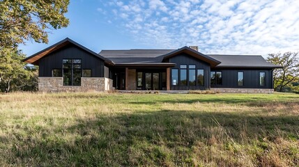 Modern Ranch Style House with Stone Accents and Open Lawn Under Blue Sky : Generative AI