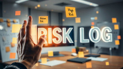 A hand reaches for a floating display labeled "RISK LOG" with sticky notes showing risk levels, emphasizing the importance of risk management in project planning and decision-making.