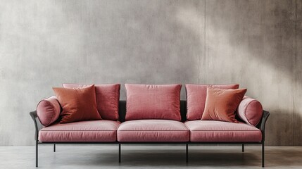 A Stylish Pink Velvet Sofa With Orange Pillows Sits Against A Textured Grey Wall, Bathed In Soft Sunlight. The Scene Is Serene And Sophisticated, Ideal For A Modern Living Room.
