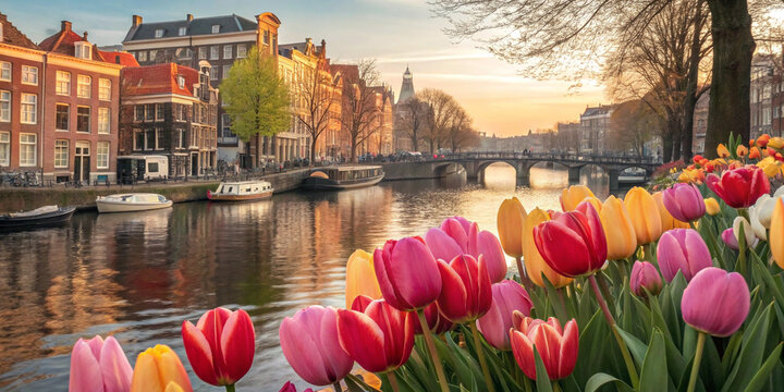 Stunning Blooming Dutch Tulips Against the Iconic Amsterdam Backdrop for Nature Lovers