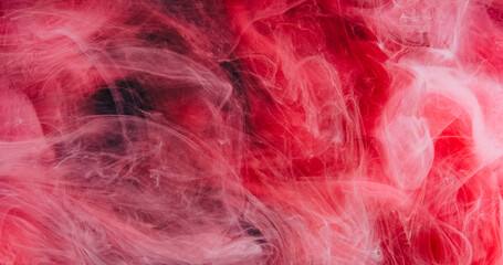 Vapor cloud. Paint splash water. Defocused pink red black color dye haze floating wave flow fantasy abstract art background.